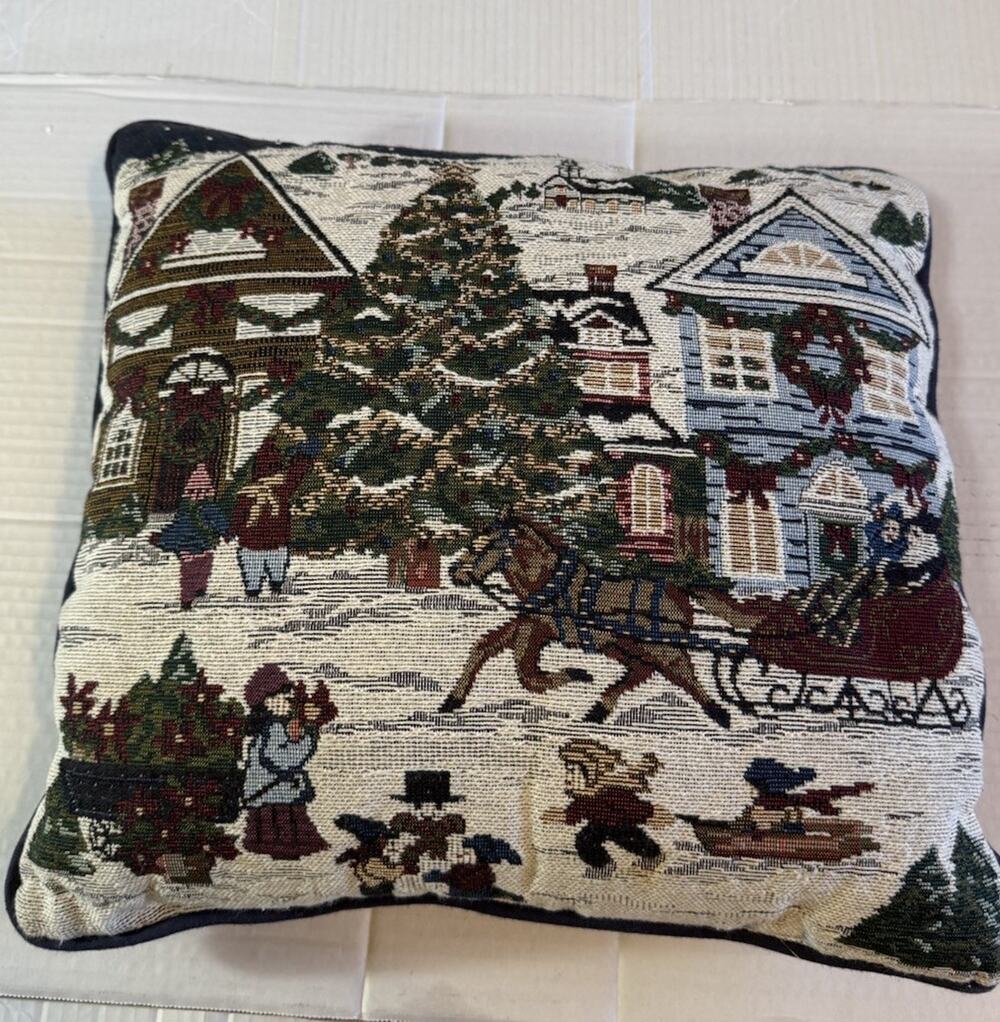 Christmas Scene Tapestry Throw Pillow Shops Holiday Town Winter Sleigh Snow